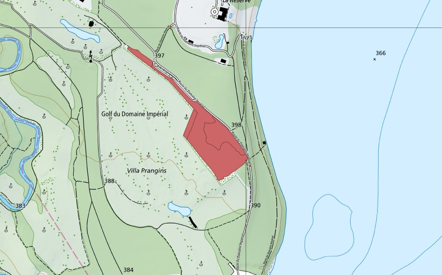 swisstopo national map showing the protected perimeter of Villas Prangins (Dry meadow)