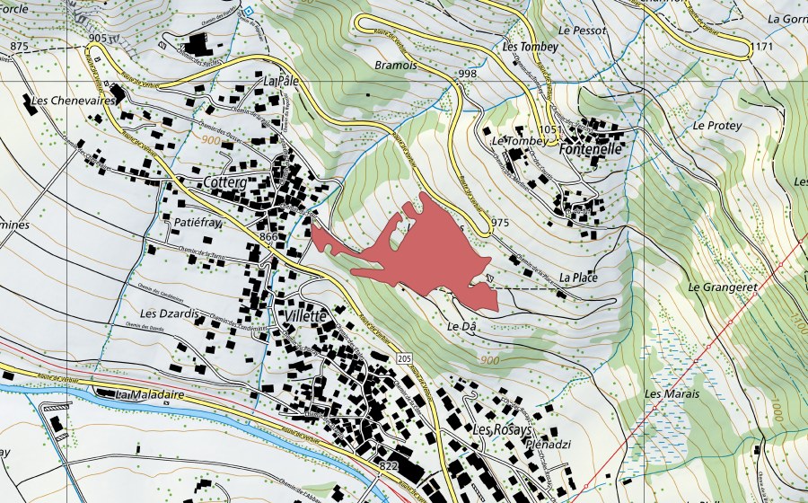 swisstopo national map showing the protected perimeter of Villette (Dry meadow)