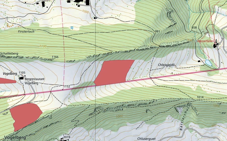 Landeskarte swisstopo mit dem Schutzperimeter von Vogelberg (Trockenwiese)