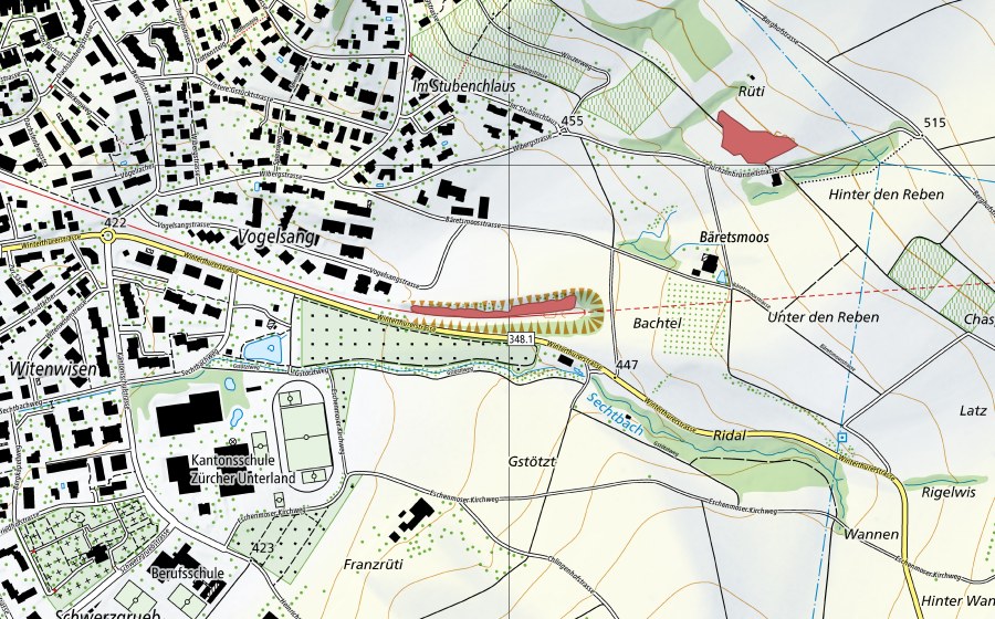 Carte nationale swisstopo avec le périmètre protégé de Vogelsang (Prairie sèche)