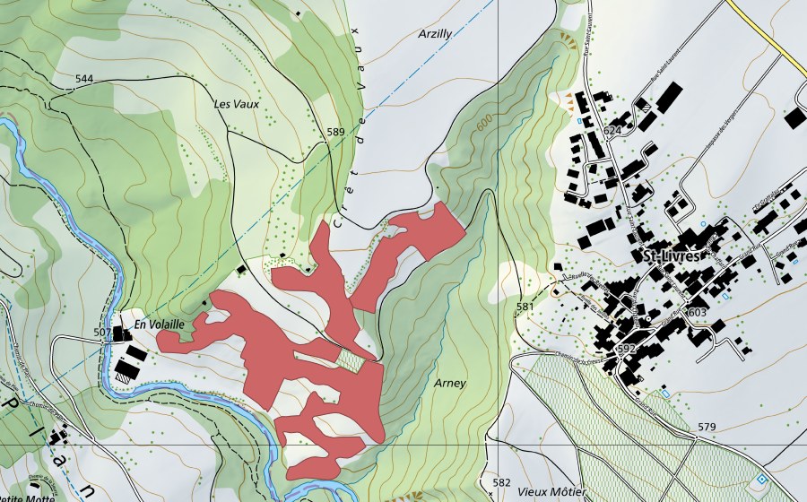 Carte nationale swisstopo avec le périmètre protégé de Volaille (Prairie sèche)