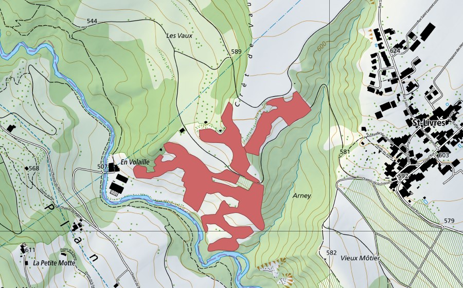 Carte nationale swisstopo avec le périmètre protégé de Volaille (Prairie sèche)