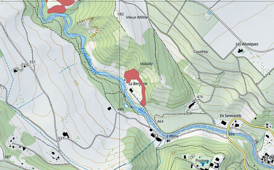 Carte nationale swisstopo avec le périmètre protégé de Volaille (Prairie sèche)