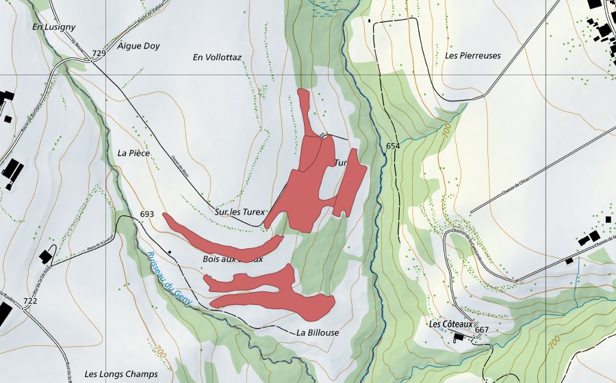 swisstopo national map showing the protected perimeter of Volota (Dry meadow)