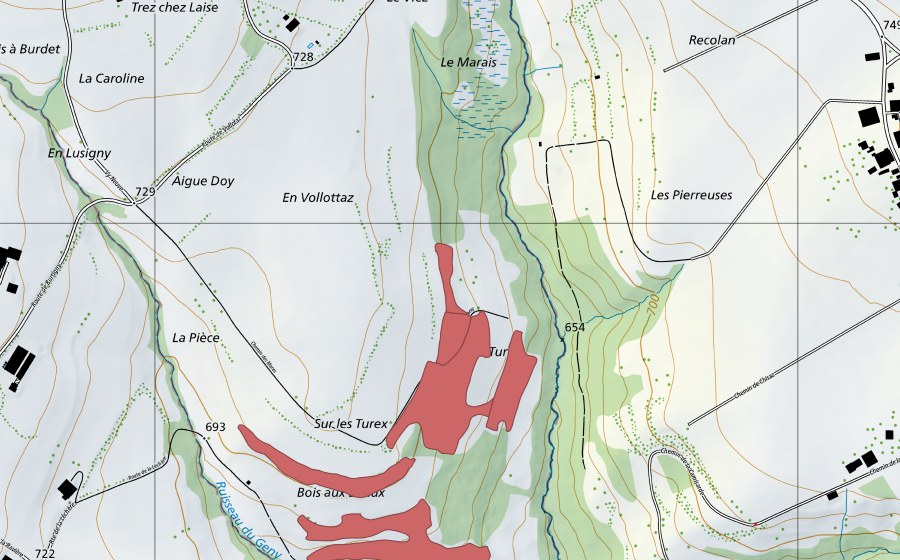swisstopo national map showing the protected perimeter of Volota (Dry meadow)
