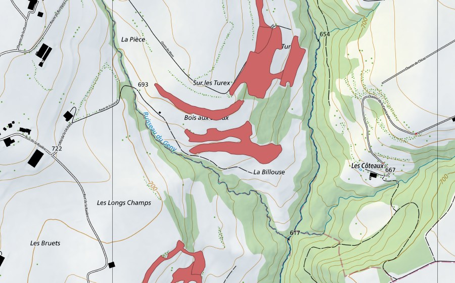 Carte nationale swisstopo avec le périmètre protégé de Volota (Prairie sèche)