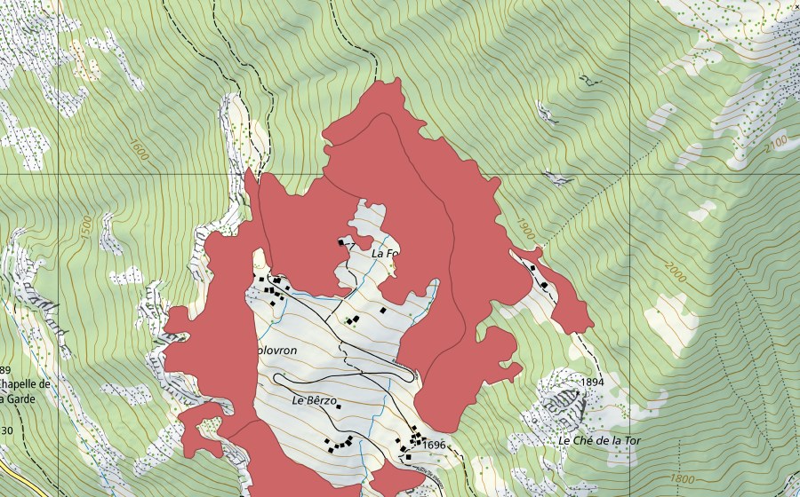 Landeskarte swisstopo mit dem Schutzperimeter von Volovron (Trockenwiese)