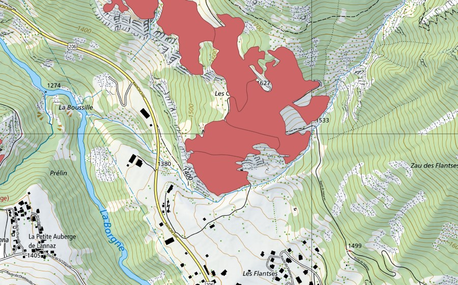 swisstopo national map showing the protected perimeter of Volovron (Dry meadow)