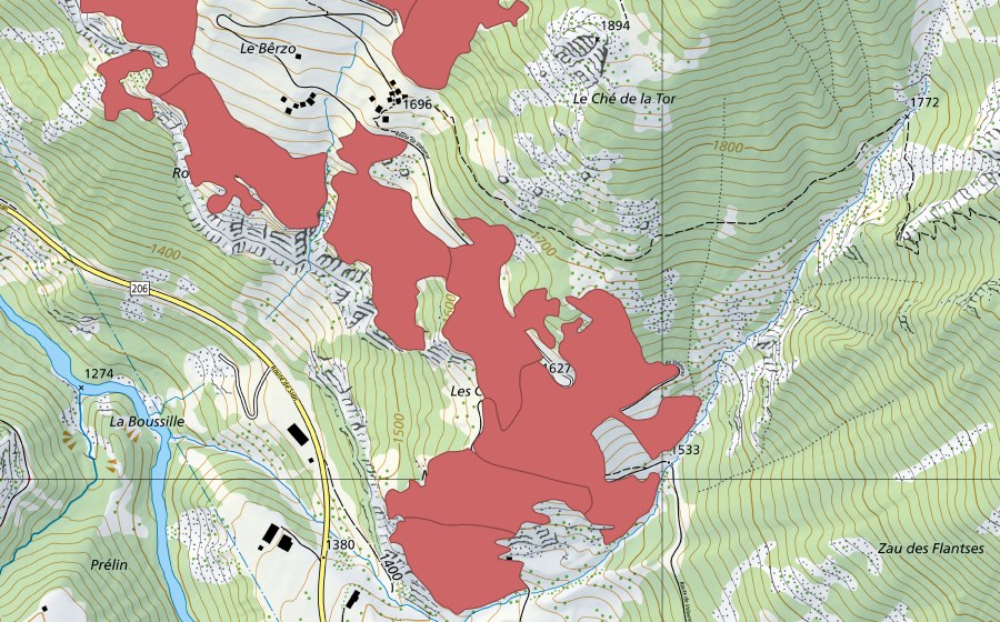 Landeskarte swisstopo mit dem Schutzperimeter von Volovron (Trockenwiese)