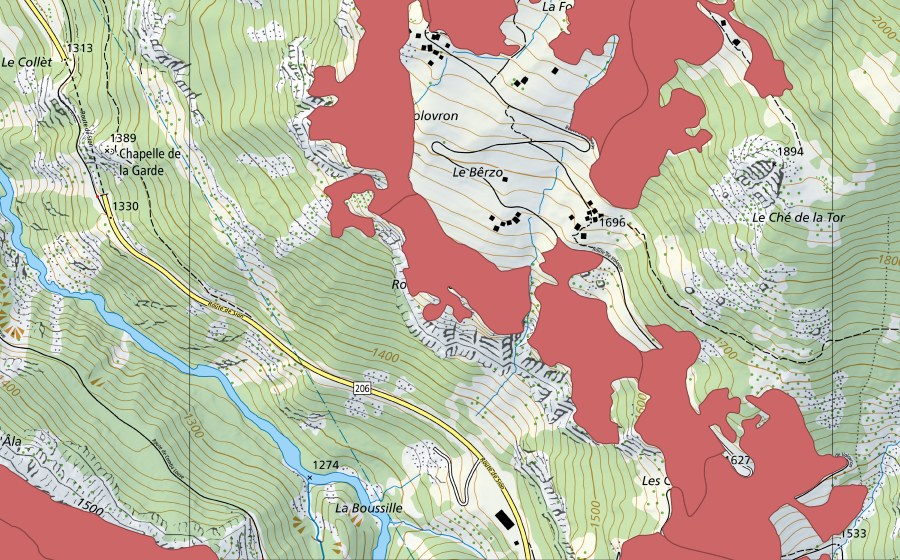 swisstopo national map showing the protected perimeter of Volovron (Dry meadow)