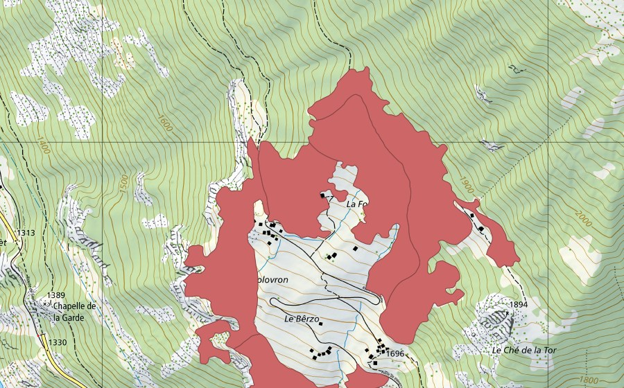 Landeskarte swisstopo mit dem Schutzperimeter von Volovron (Trockenwiese)