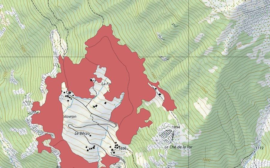 swisstopo national map showing the protected perimeter of Volovron (Dry meadow)