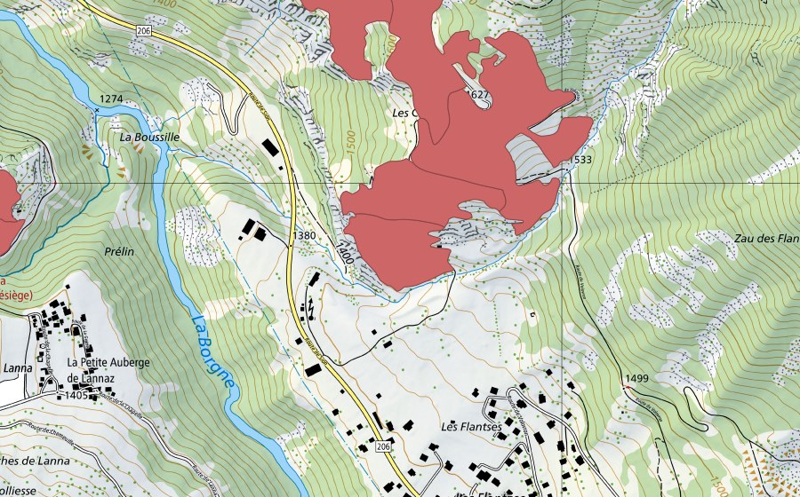 Landeskarte swisstopo mit dem Schutzperimeter von Volovron (Trockenwiese)