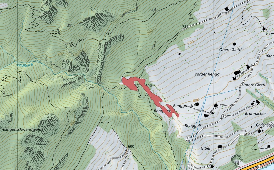 swisstopo national map showing the protected perimeter of Vord. Rengg (Dry meadow)