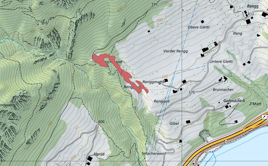 swisstopo national map showing the protected perimeter of Vord. Rengg (Dry meadow)