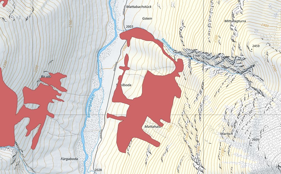 Carte nationale swisstopo avec le périmètre protégé de Vorder Bergalga (Prairie sèche)
