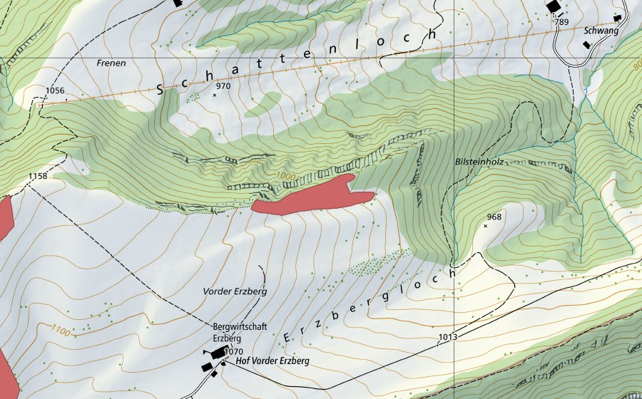 Carte nationale swisstopo avec le périmètre protégé de Vorder Erzberg (Prairie sèche)
