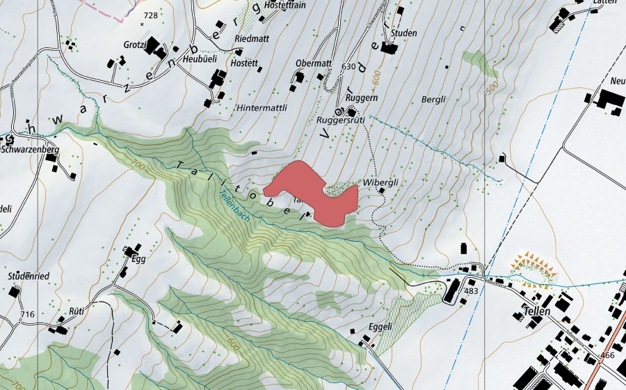swisstopo national map showing the protected perimeter of Vorder Schwarzenberg (Dry meadow)