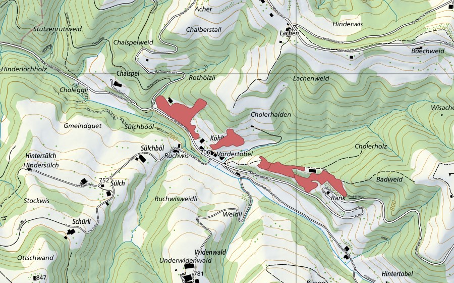 Carte nationale swisstopo avec le périmètre protégé de Vorder Tobel (Prairie sèche)