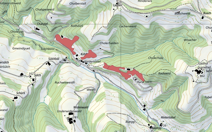 Landeskarte swisstopo mit dem Schutzperimeter von Vorder Tobel (Trockenwiese)
