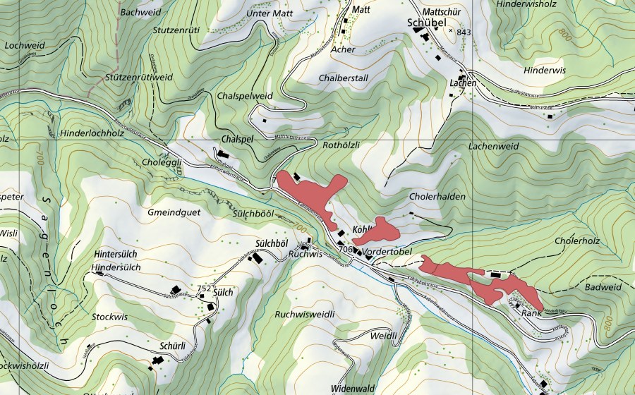 Landeskarte swisstopo mit dem Schutzperimeter von Vorder Tobel (Trockenwiese)