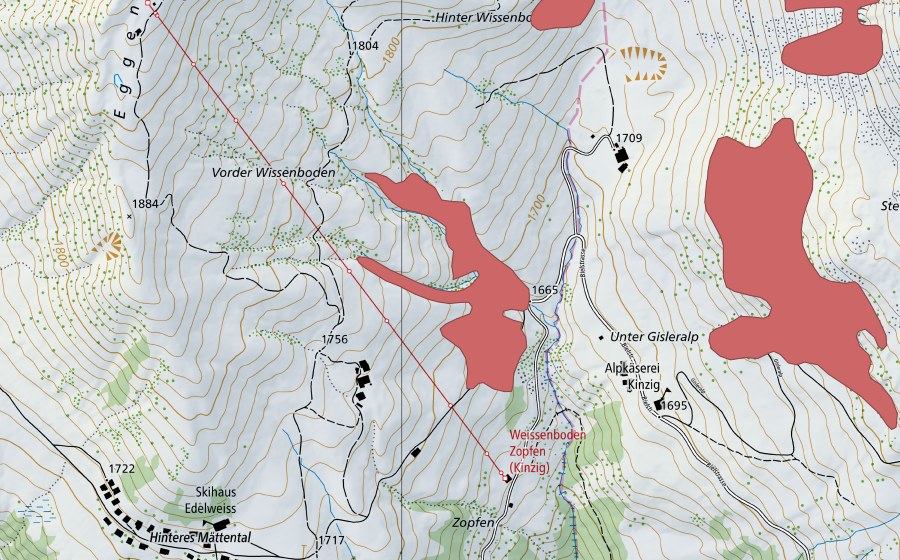 swisstopo national map showing the protected perimeter of Vorder Wissenboden (Dry meadow)
