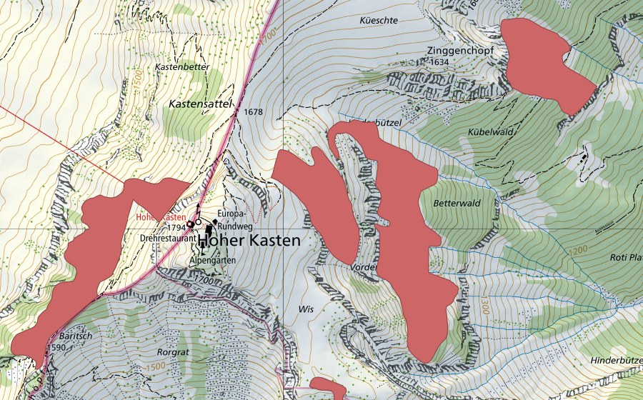 Landeskarte swisstopo mit dem Schutzperimeter von Vordere Better (Trockenwiese)