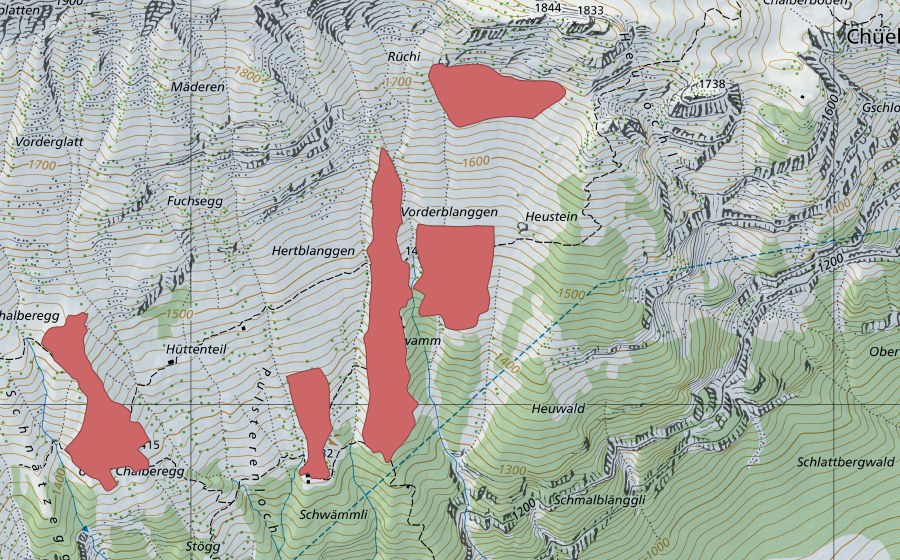 Carte nationale swisstopo avec le périmètre protégé de Vordere Planggen (Prairie sèche)