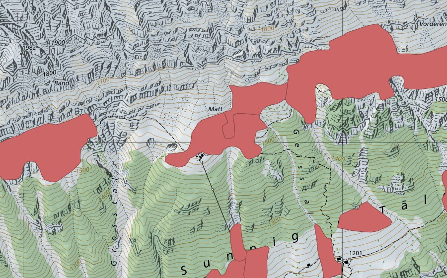 Carte nationale swisstopo avec le périmètre protégé de Vorderen Bänder (Prairie sèche)