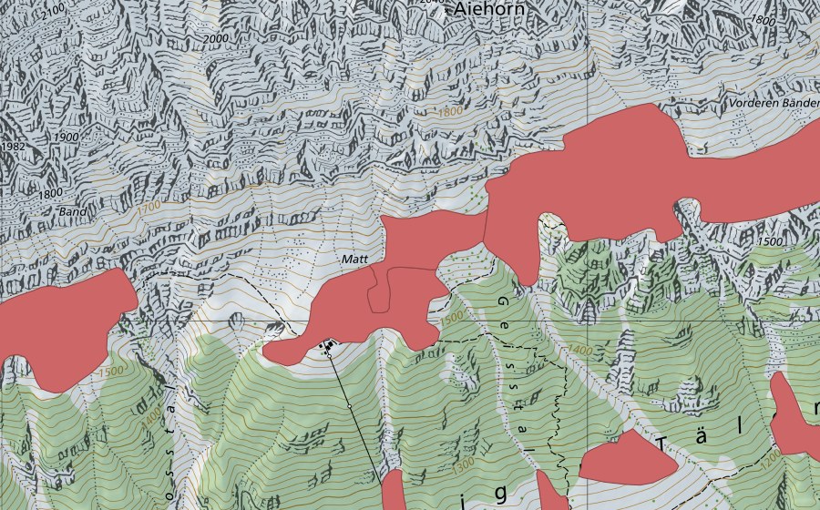 Carte nationale swisstopo avec le périmètre protégé de Vorderen Bänder (Prairie sèche)