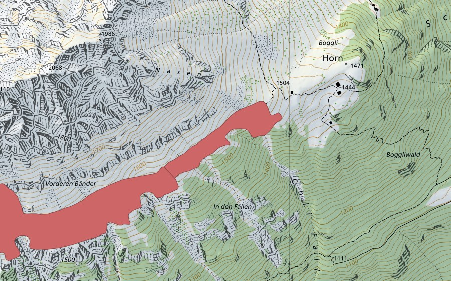 Carte nationale swisstopo avec le périmètre protégé de Vorderen Bänder (Prairie sèche)