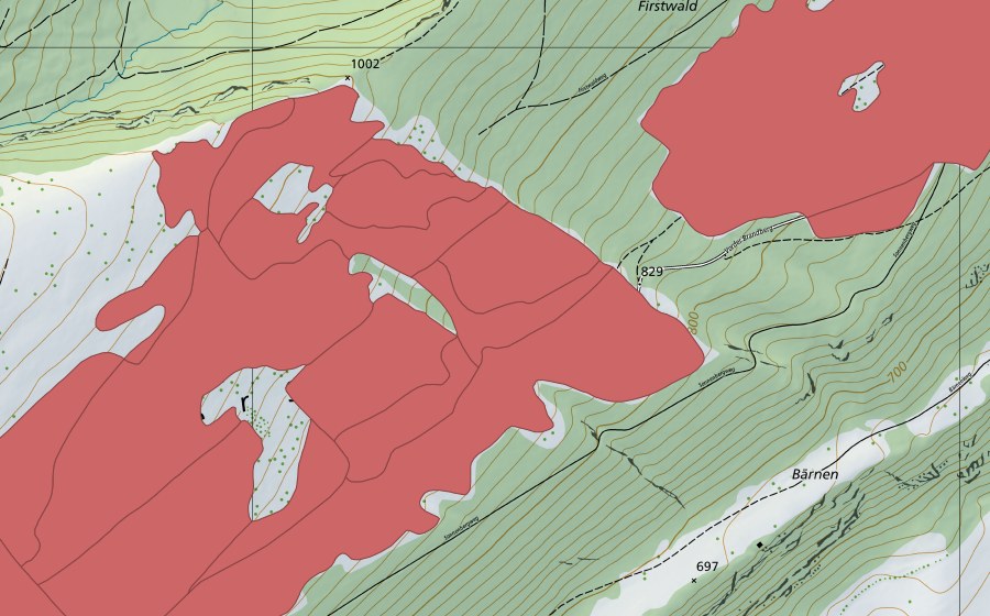 Landeskarte swisstopo mit dem Schutzperimeter von Vorderer Brandberg (Trockenwiese)