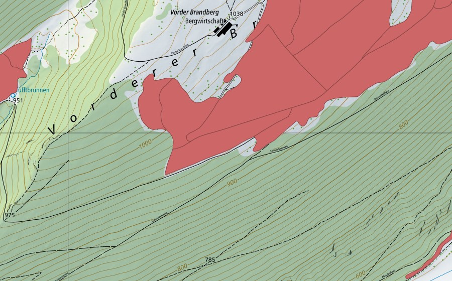 swisstopo national map showing the protected perimeter of Vorderer Brandberg (Dry meadow)