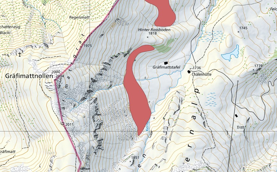 Landeskarte swisstopo mit dem Schutzperimeter von Vorderer Rossboden (Trockenwiese)