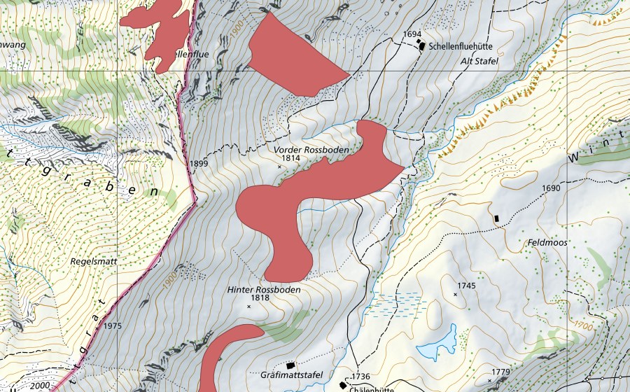 Carte nationale swisstopo avec le périmètre protégé de Vorderer Rossboden (Prairie sèche)