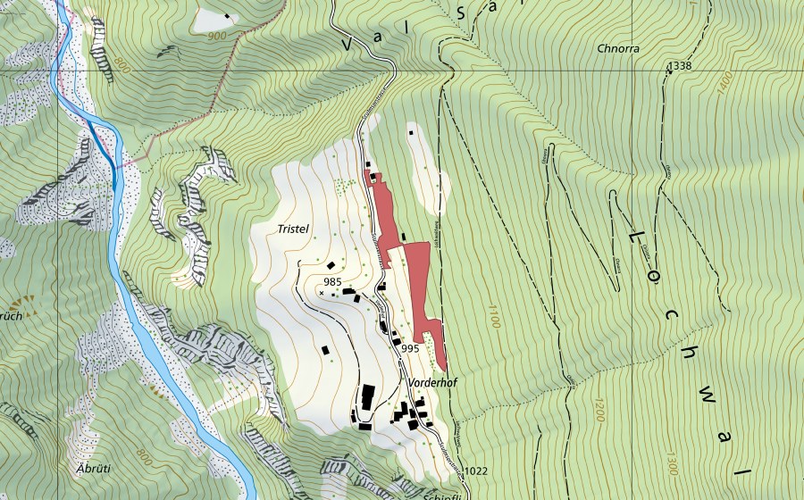 Landeskarte swisstopo mit dem Schutzperimeter von Vorderhof (Trockenwiese)