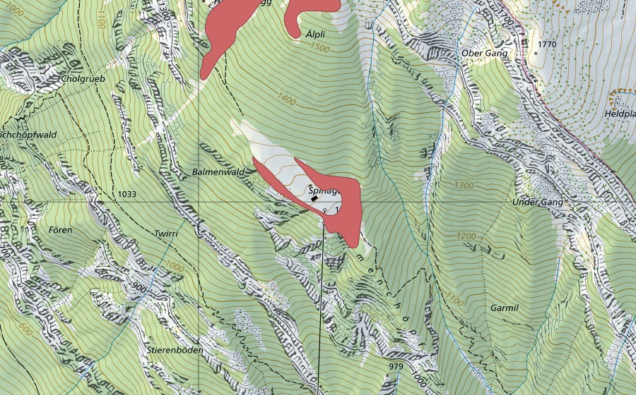 Carte nationale swisstopo avec le périmètre protégé de Vorderspina (Prairie sèche)