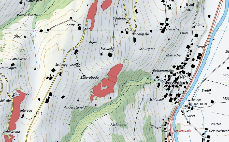 Carte nationale swisstopo avec le périmètre protégé de Voregg (Prairie sèche)