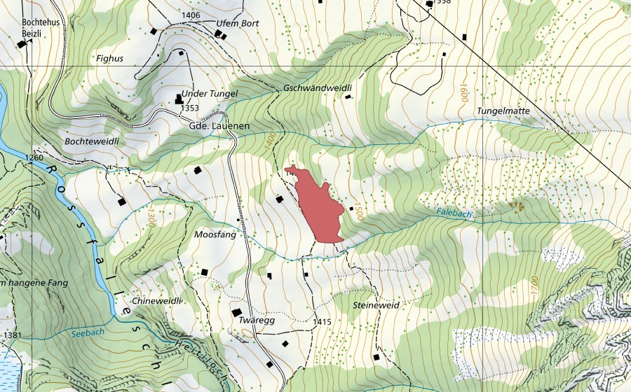 Carte nationale swisstopo avec le périmètre protégé de Vorsass (Prairie sèche)