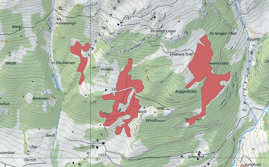 Carte nationale swisstopo avec le périmètre protégé de Vorsess (Prairie sèche)