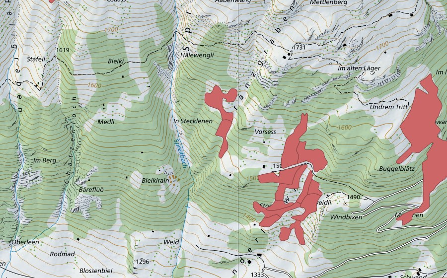 Landeskarte swisstopo mit dem Schutzperimeter von Vorsess (Trockenwiese)