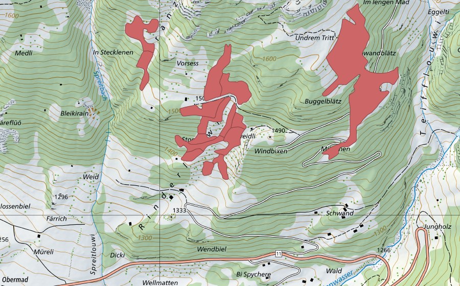 Landeskarte swisstopo mit dem Schutzperimeter von Vorsess (Trockenwiese)