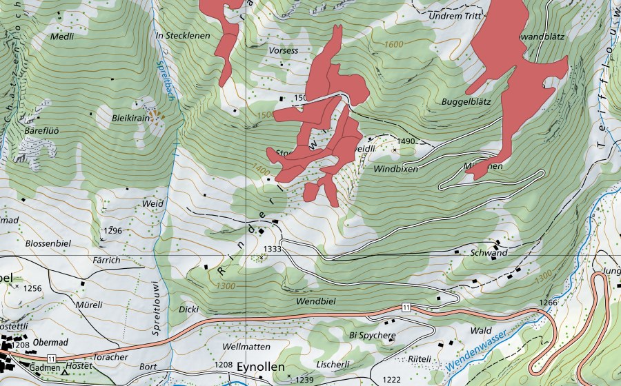 Landeskarte swisstopo mit dem Schutzperimeter von Vorsess (Trockenwiese)