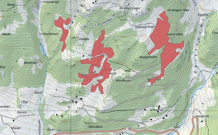 Carte nationale swisstopo avec le périmètre protégé de Vorsess (Prairie sèche)