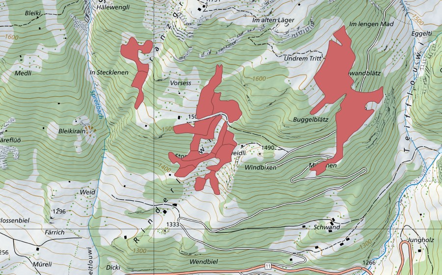 Carte nationale swisstopo avec le périmètre protégé de Vorsess (Prairie sèche)