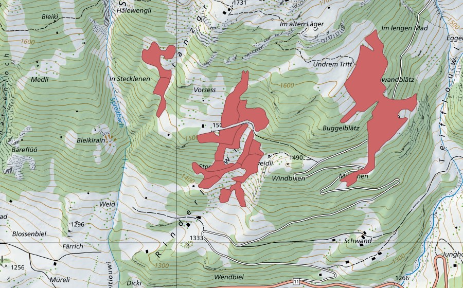 Carte nationale swisstopo avec le périmètre protégé de Vorsess (Prairie sèche)