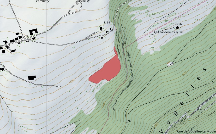 swisstopo national map showing the protected perimeter of Vy de Vugelles (Dry meadow)