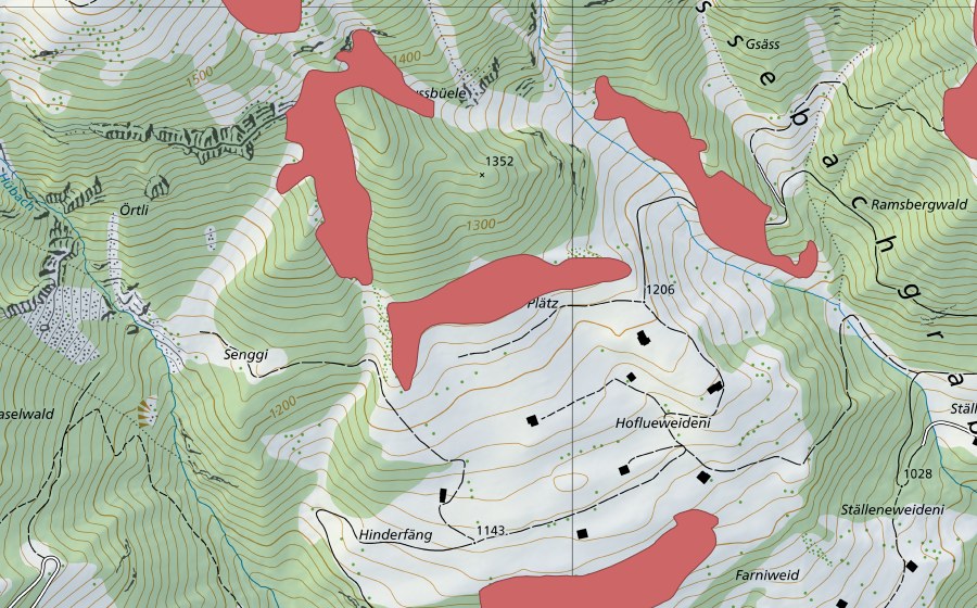 Landeskarte swisstopo mit dem Schutzperimeter von Waachli (Trockenwiese)