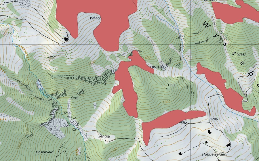 Landeskarte swisstopo mit dem Schutzperimeter von Waachli (Trockenwiese)