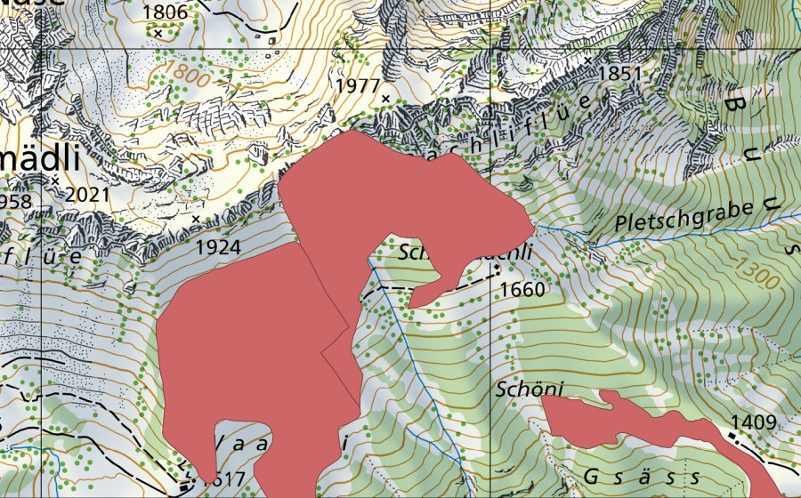 Landeskarte swisstopo mit dem Schutzperimeter von Waachli (Trockenwiese)